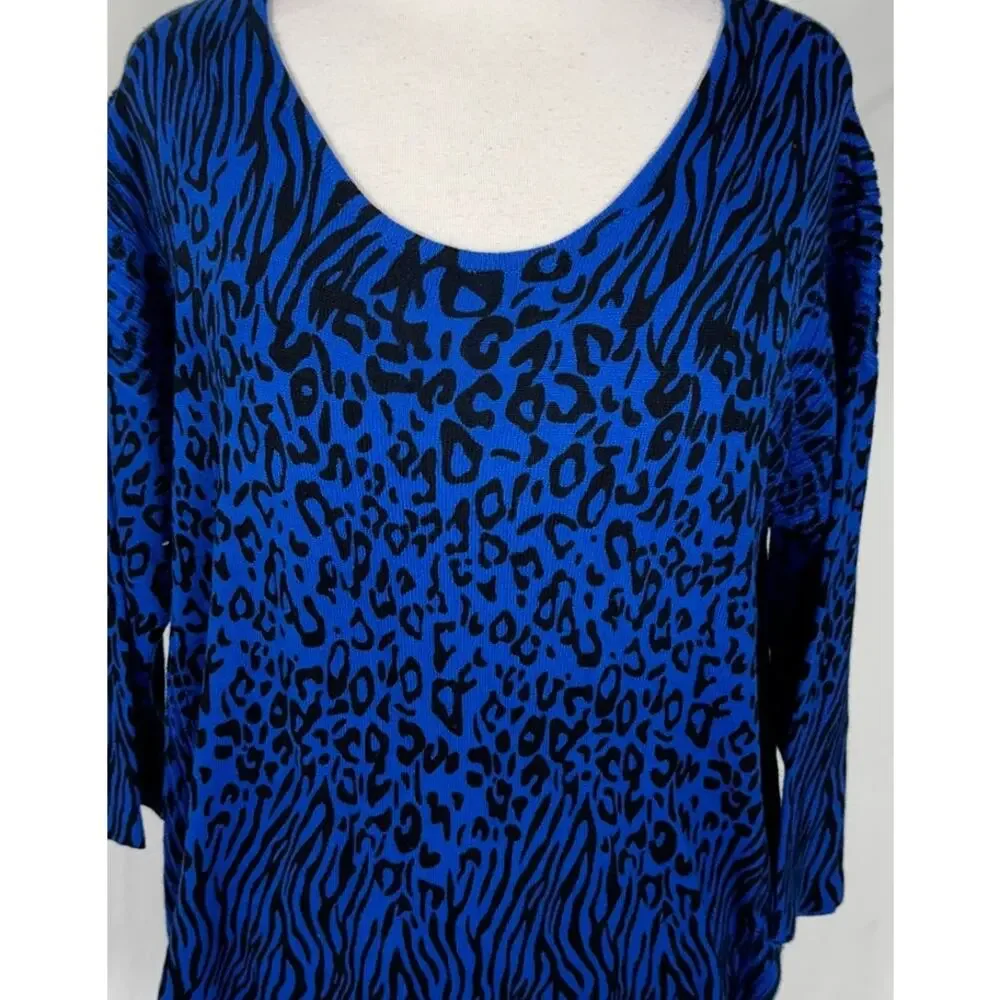 Dana Buchman XL Blue Black Leopard Print 3/4 Sleeve V Neck Acrylic Sweater